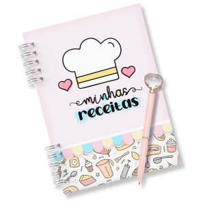 Caderno de Receitas Miolo em Sulfite 75g (Papel comum) e Capa dura A5 (15x21cm)   Encadernação Wire-O + Capa Brilho 