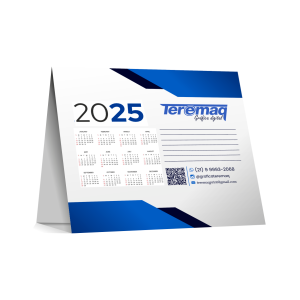 Calendário de Mesa Personalizado 2025. Couchê 250g 18x12cm Fechado.  Verniz Uv Total na Frente  