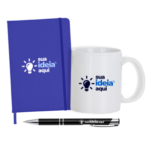 Kit caderneta, caneca e caneta      