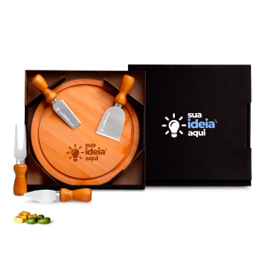 Kit Tábua Queijos 5 Peças Personalizado. Tábua em Bambu / Utensílios em Inox. Tábua 20cm / Peças    